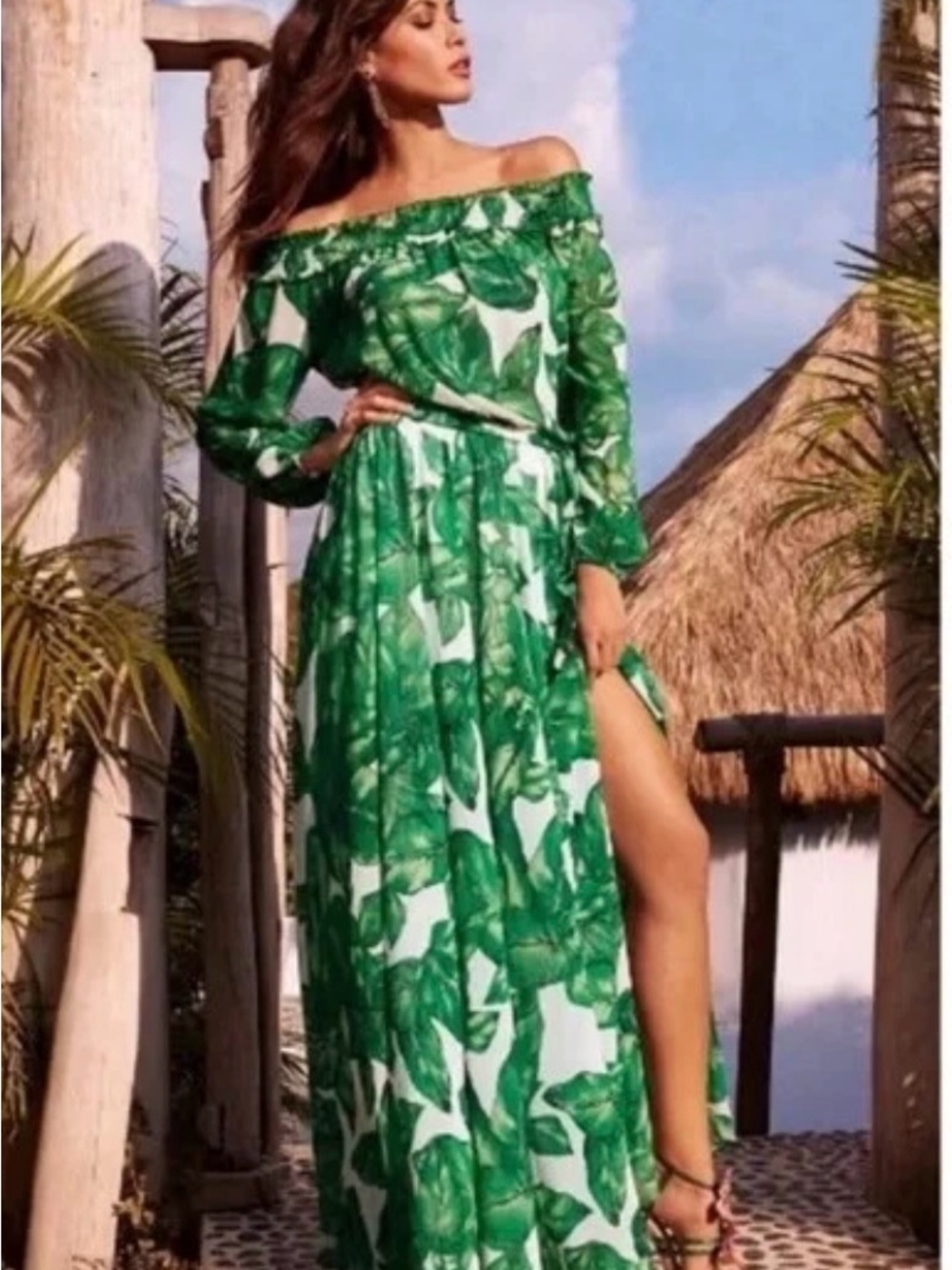 Boston Proper Palm Tree Maxi Dress Smocked Neck NWT Tropical Resort Size Medium